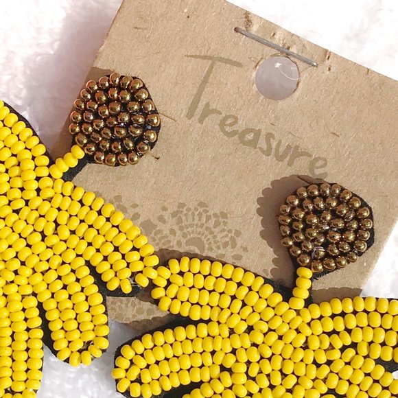 Boho Seed Bead Yellow Palm Tree Post Drop Earrings - Picture 3 of 4